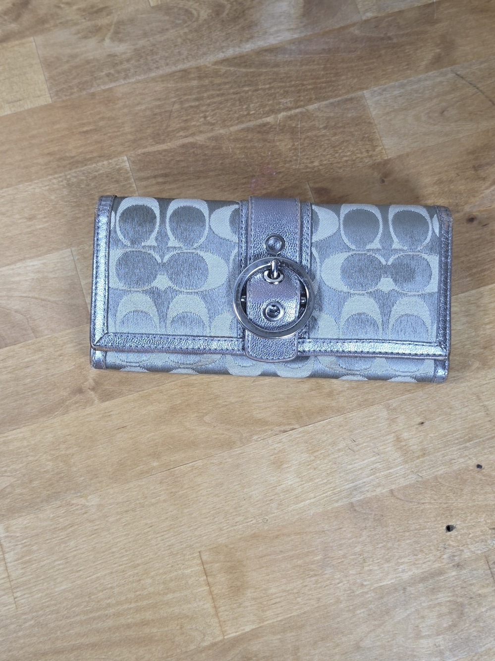 Coach Signature Jacquard Turnlock Long Wallet Metallic Silver Y2K